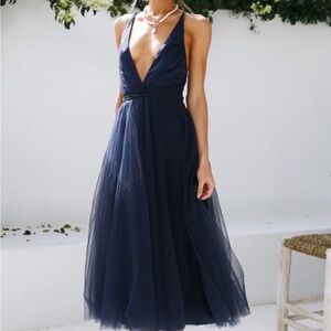 Hello Molly Navy Plunge Tulle Midi Dress